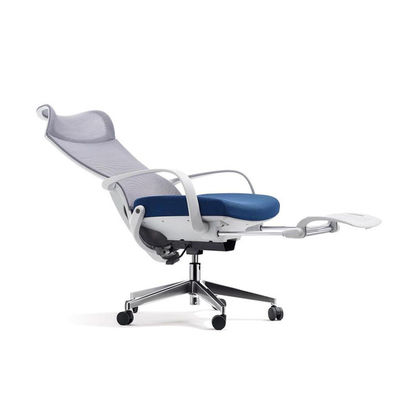 Grauer und blauer Home-Office-Stuhl, modernes, schlankes Design mit fester Kopfstütze